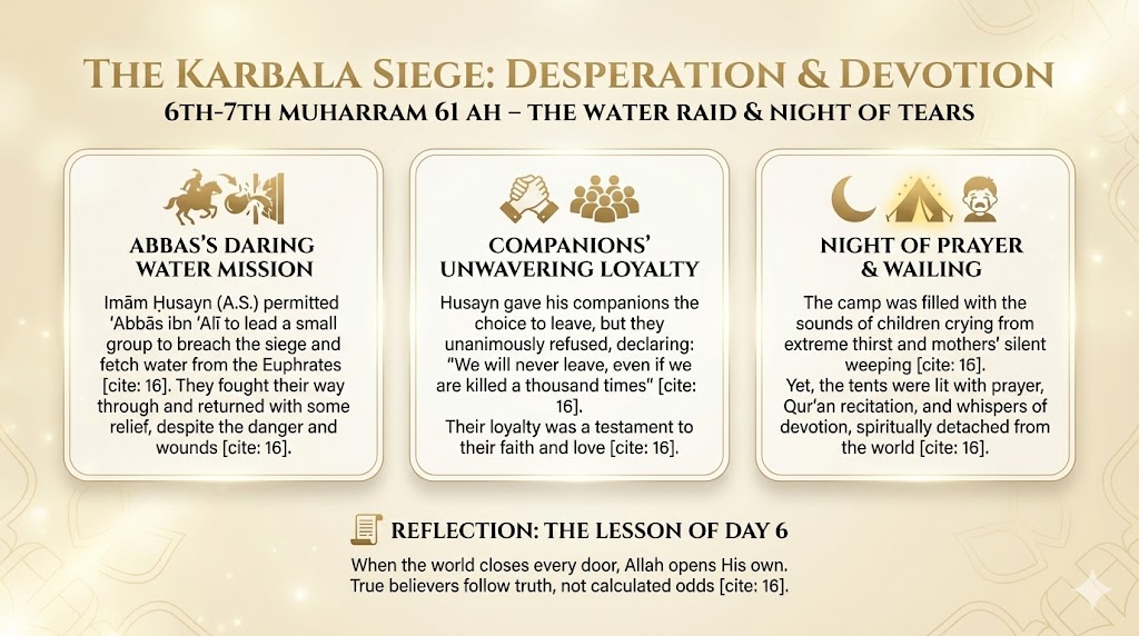 Karbala: Day 6 — Water Raid Attempt & Tears in the Night (7th Muharram 61 AH)